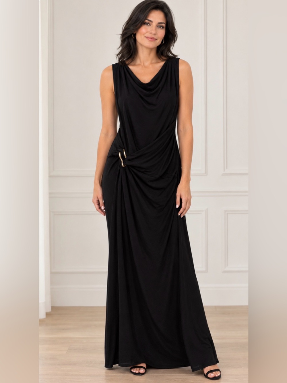 1. State Black Draped Maxi Dress with Gold Ring Detail